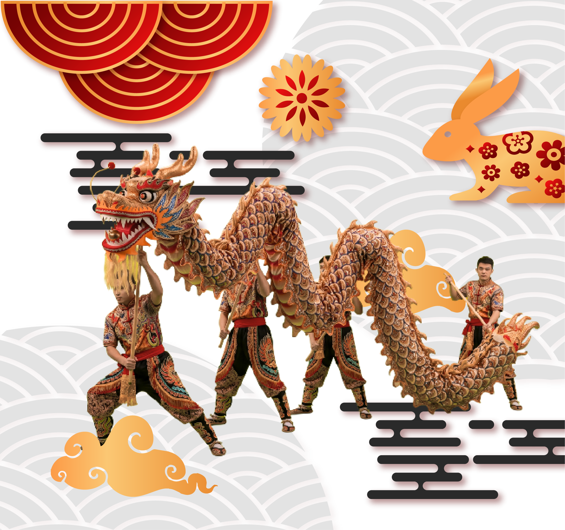 ilustracion de danza del dragon tradicional china con elementos de la cultura como fondo
