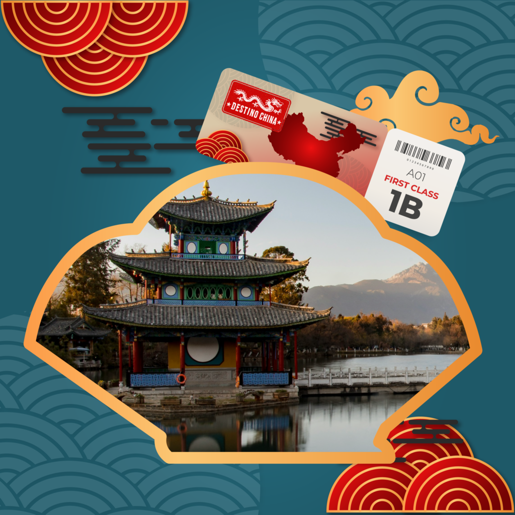 imagen de casa de lago yunnan china enmarcado de abanico y tiket de avion de fondo