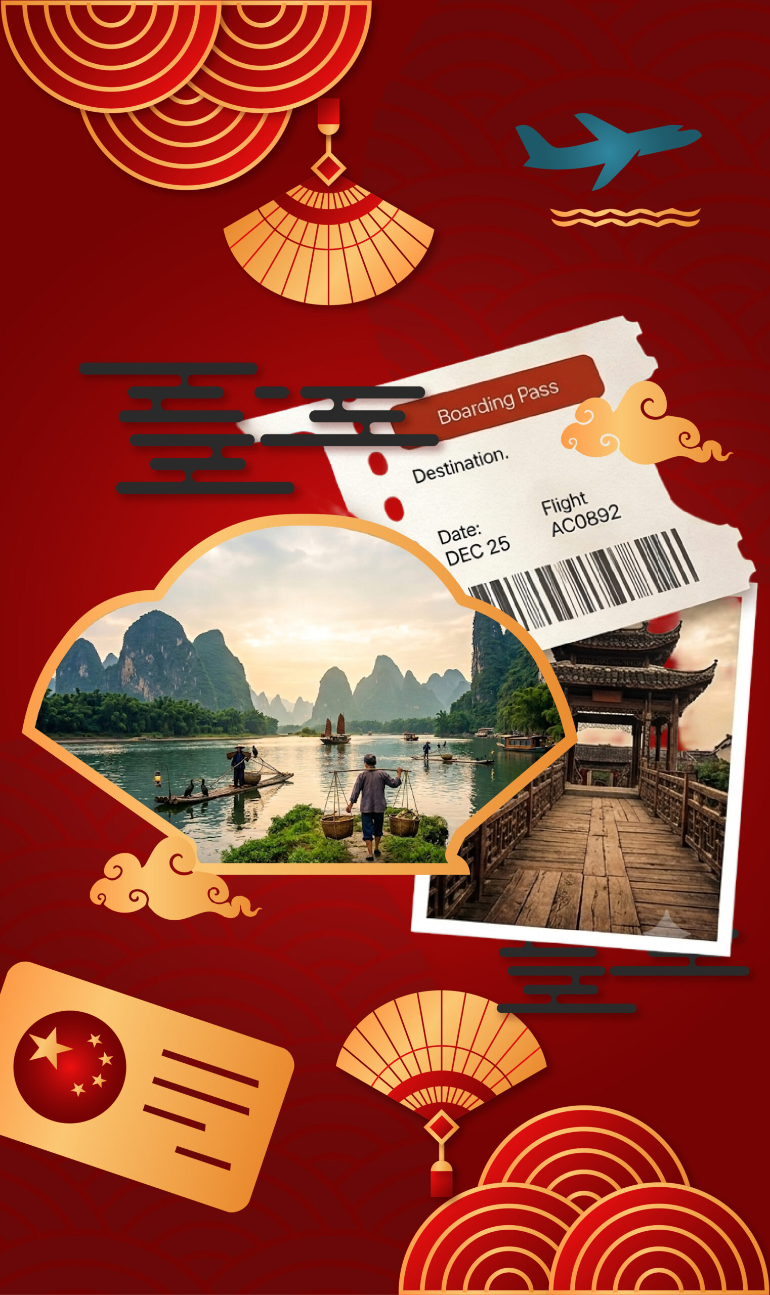viaje en rio chino con enmarcacion en abanico tradicional y boleto de avion como fondo