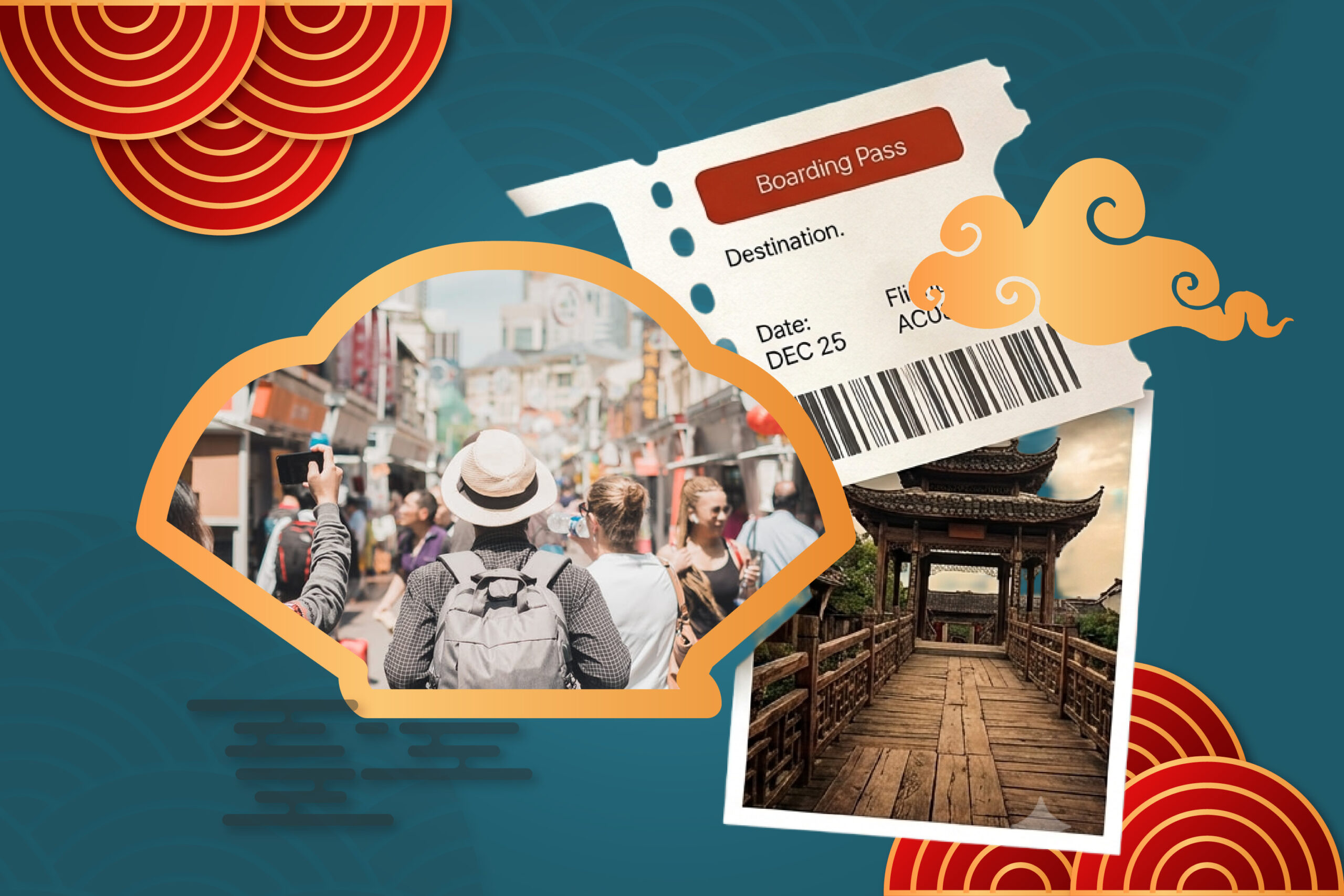 ilustracion sobre una persona vialando a china con fondo de un boleto de avion